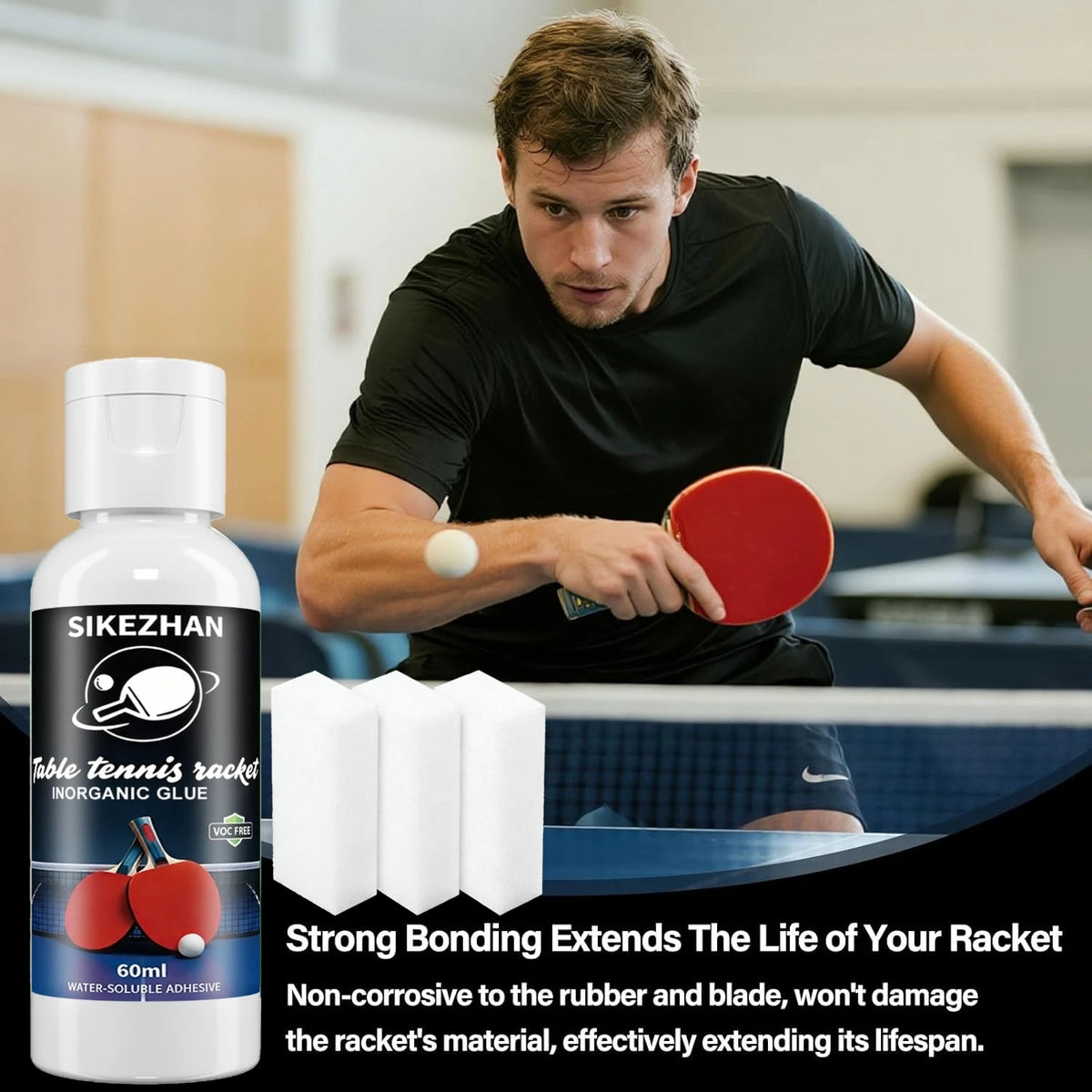 Table Tennis Glue 60ml with 3 Sponges - Professional Ping Pong Paddle Adhesive for Racket Assembly, Rubber Replacement & Repair