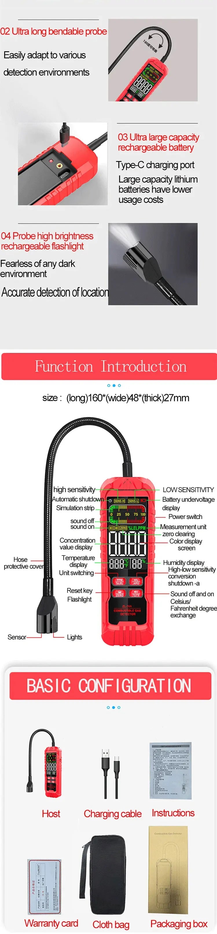 ZLLJMETER Handheld Gas Leak Detector Methane Combustible Gas Testers Portable Gases Concentration Analyzer Meter Leakage Tools