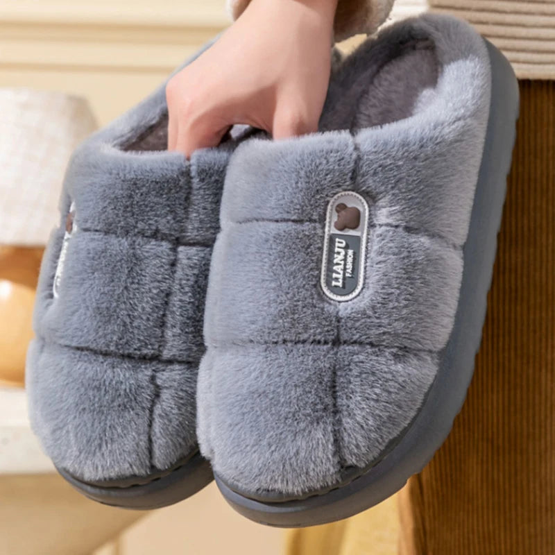 Big Size 50 51 Winter Slippers Women Men Thick Sole Indoor Home Warm Couples Shoes Non-Slip Flat Platform Women's Cotton Slipper