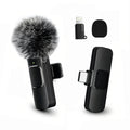Wireless Lavalier Microphone with Furry Windscreen, Type-C&Lightning Adapter, Mini Clip Mic, Android, iPhone, Tablets, Laptops