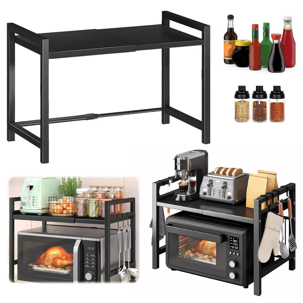 Adjustable Microwave Oven Rack Kitchen Storage Stand with Cutting Board Holder Desktop Organizer
