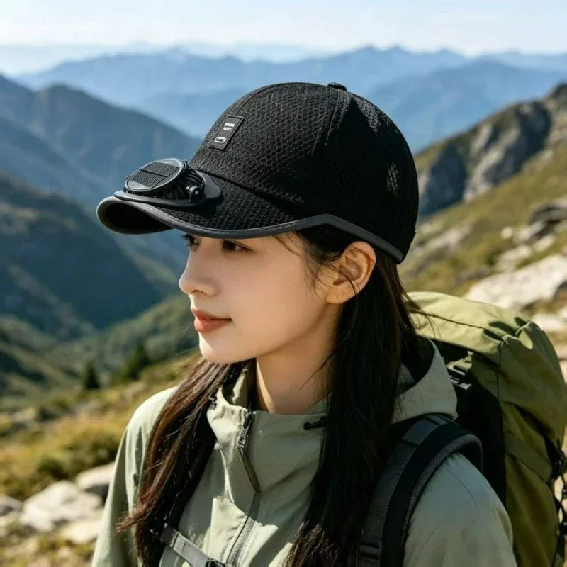 USB Rechargeable Solar Cooling Hat Outdoor Baseball Cap with Built in Fan Breathable Mesh Adjustable Wind Speed Camping Fishing