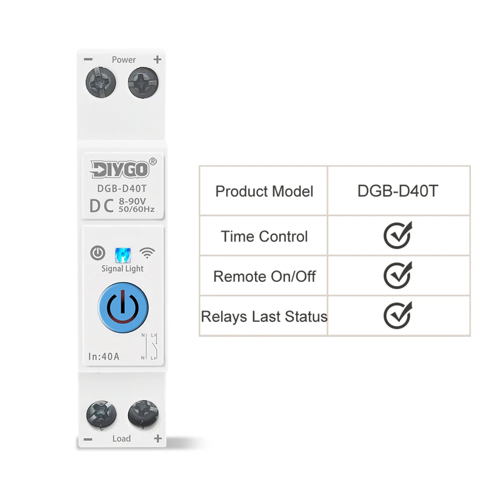 Smart WIFI Circuit Breaker 40A 8-90VDC Smartlife/TUYA App Loop Timer Relay Status Switch Remote Control Real-Time Monitoring