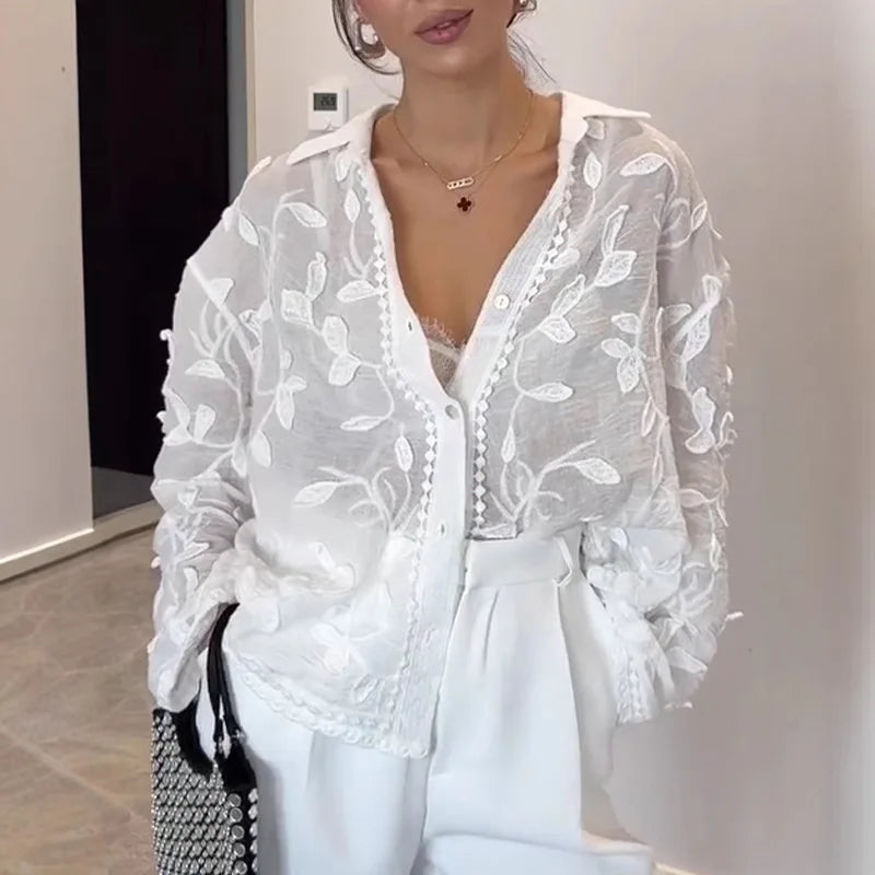 Heavy Industry Embroidery Lapel Long Sleeved Shirt for Summer Sun Protection, New Embroidery Loose Top Cardigan