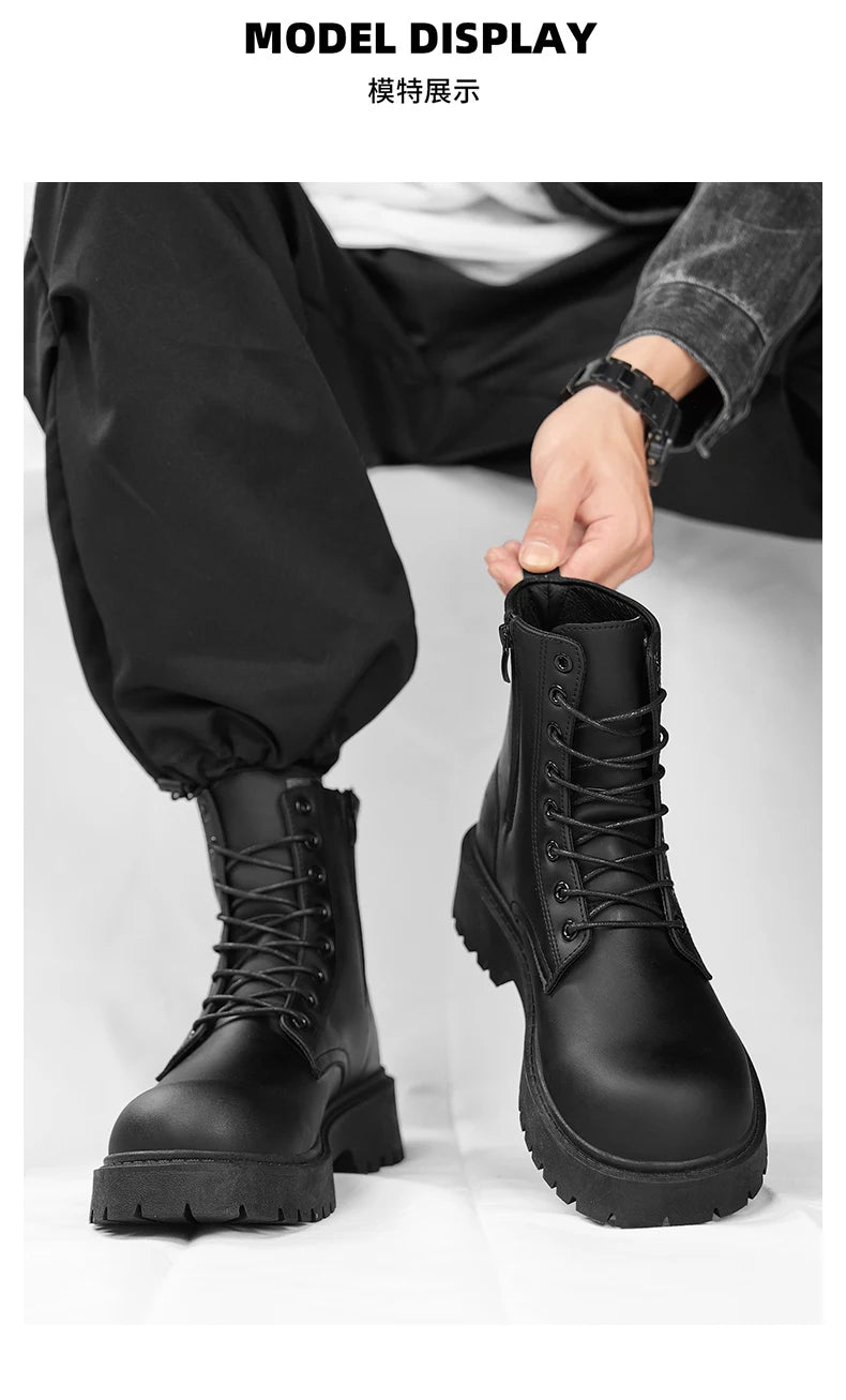 Couple's casual boots four season men's and women's high top leather boots fashion thick soled non slip plus size outdoor boots
