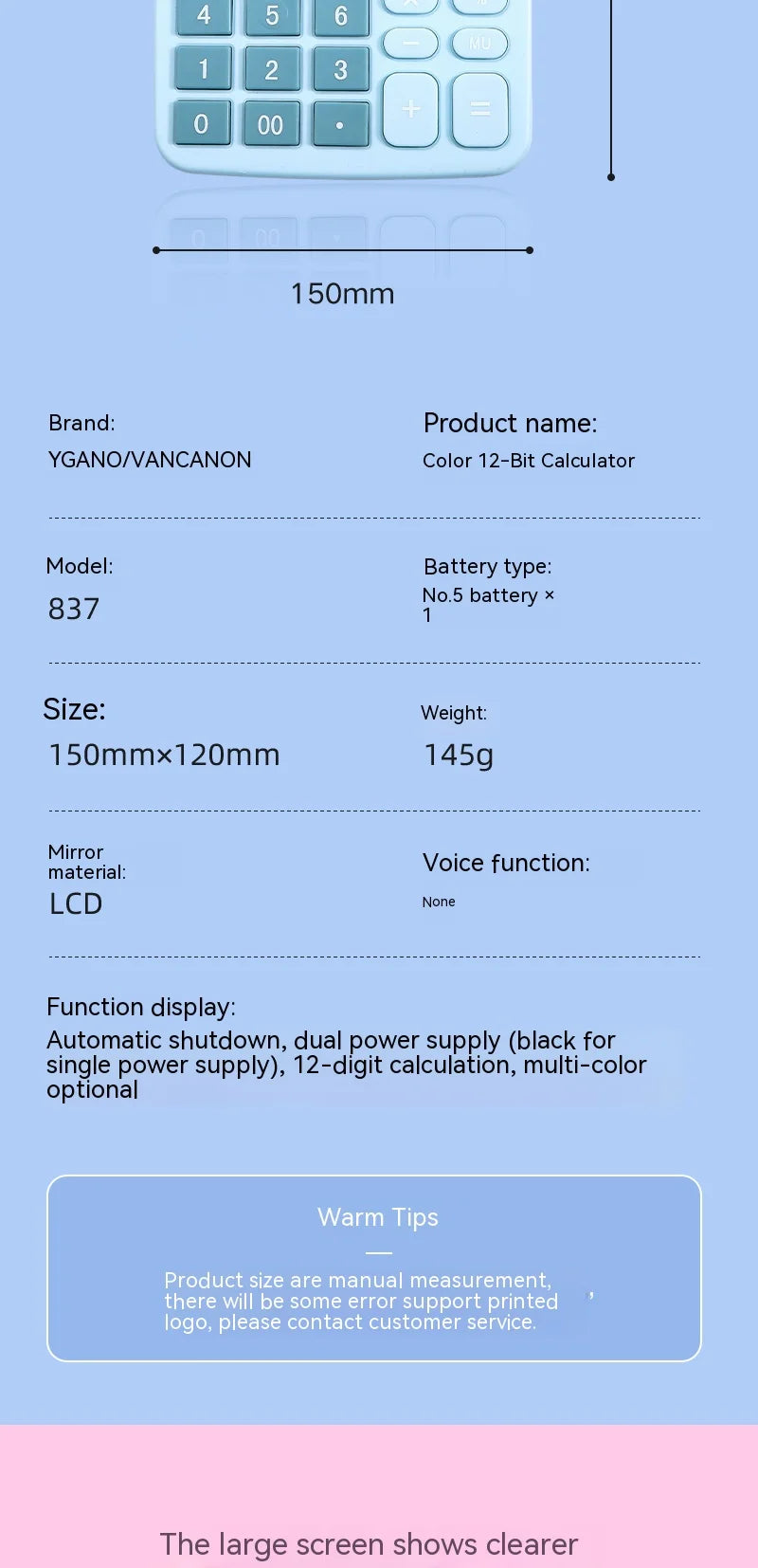 Solar Calculator with Dual Power Supply, 12 Digits, Electronic Calculator, Home, Office, School, Financial, accounting Tools