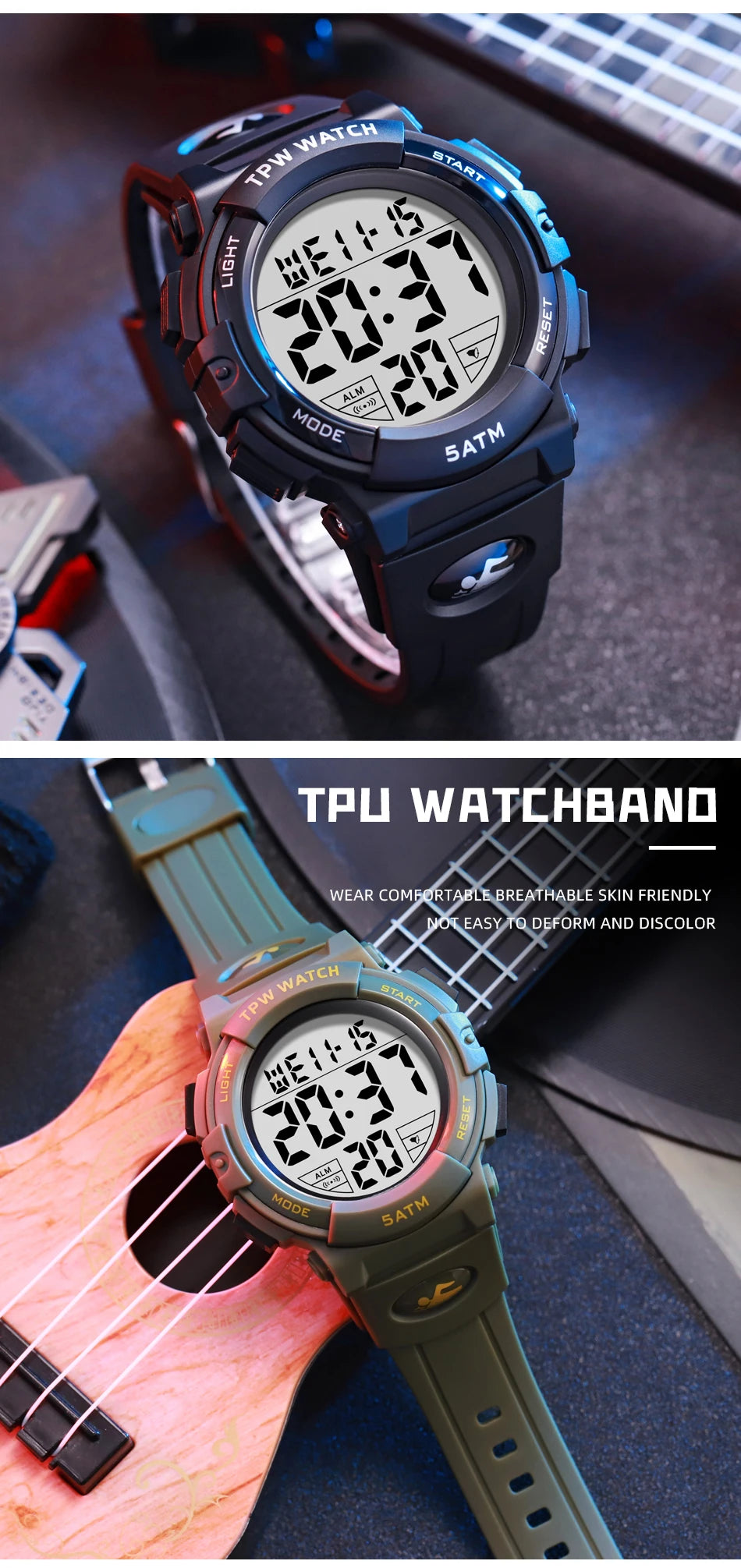 TPW Digital Watch with Big Numbers 5ATM Water Resistant Day Date Alarm Function Adventure Watch