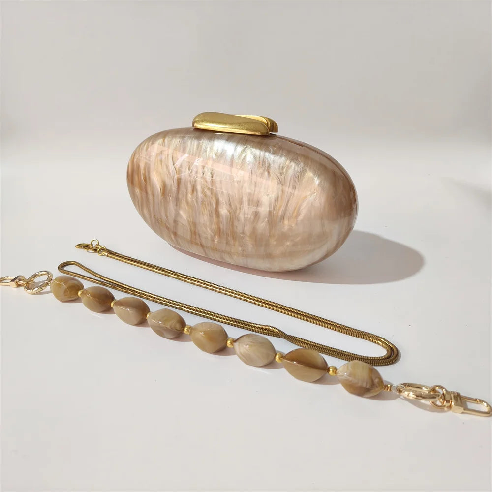 Lady Pearl Marble Brown Shell Egg Acrylic Box Clutch Purse Women Evening Purses Wedding Handbags Female Shoulder Bags Day Clutch