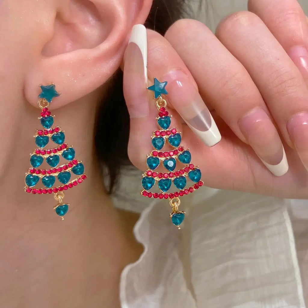 Colorful Zircon Christmas Tree Earrings for Women Fashion Red Green Crystal Tree Pendant Earring New Year Holiday Jewelry Gifts