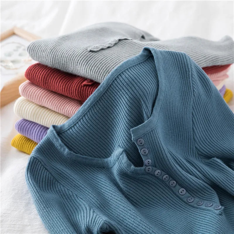 2026 Autumn Winter Button V Neck Sweater Women Basic Slim Pullover Women Sweaters And Pullovers Knit Jumper Soft Warm Tops