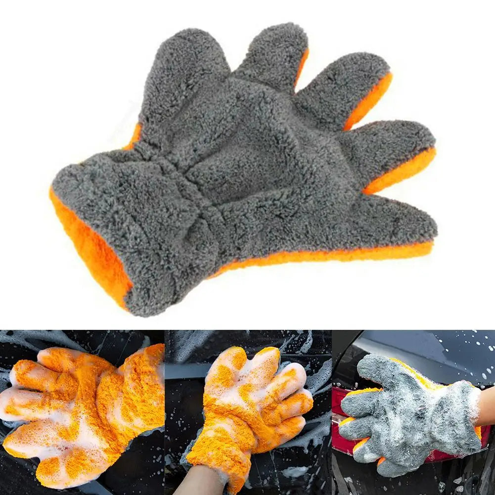 Premium Double-Sided Coral Fleece Car Cleaning Gloves cratch-Free Wash Mitts Five-Finger Design for Car Glass Wheels Cleaning