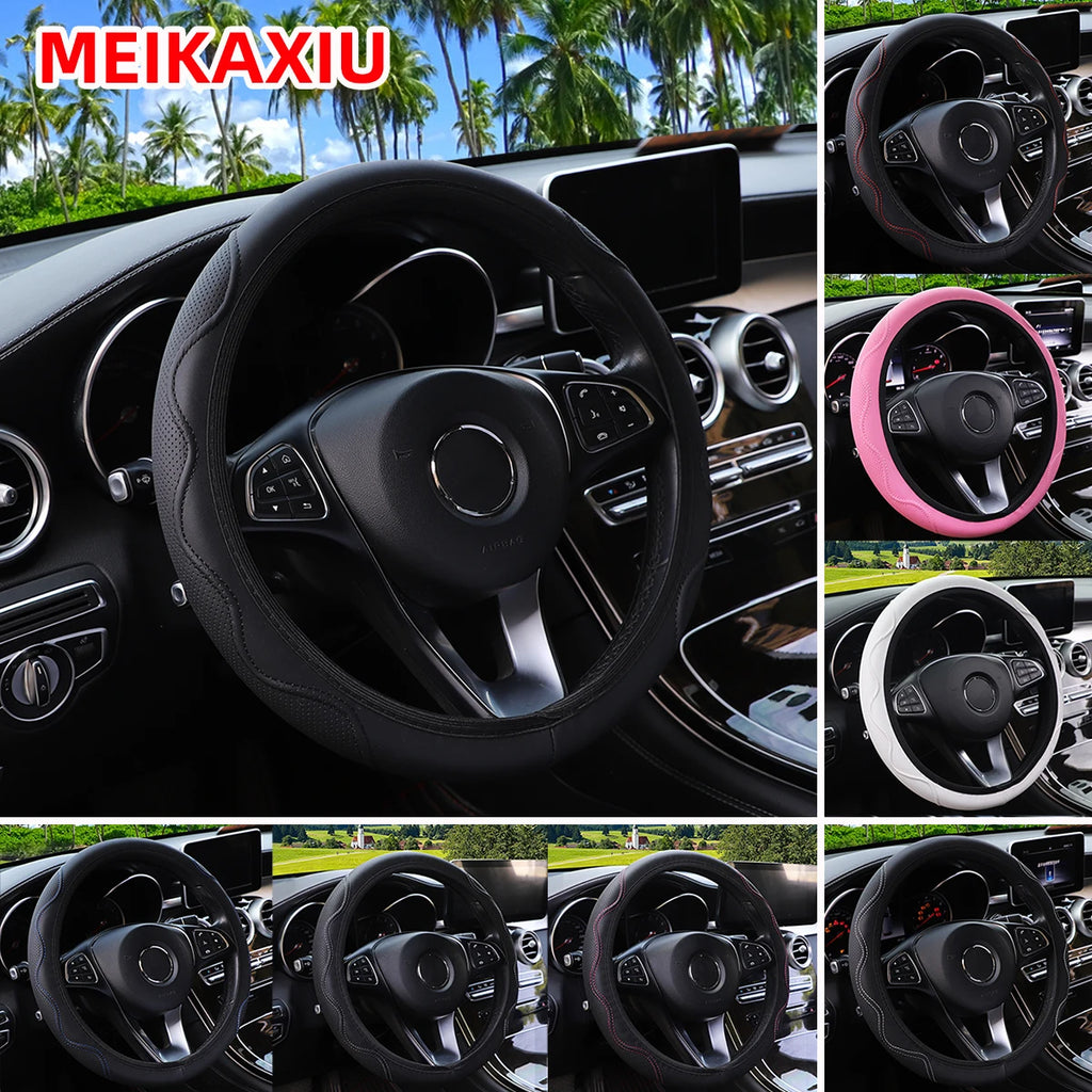 Women's PU Leather Corrugated Steering Wheel Cover 37-38cm Rimless Comfortable Car Accessory for All Seasons