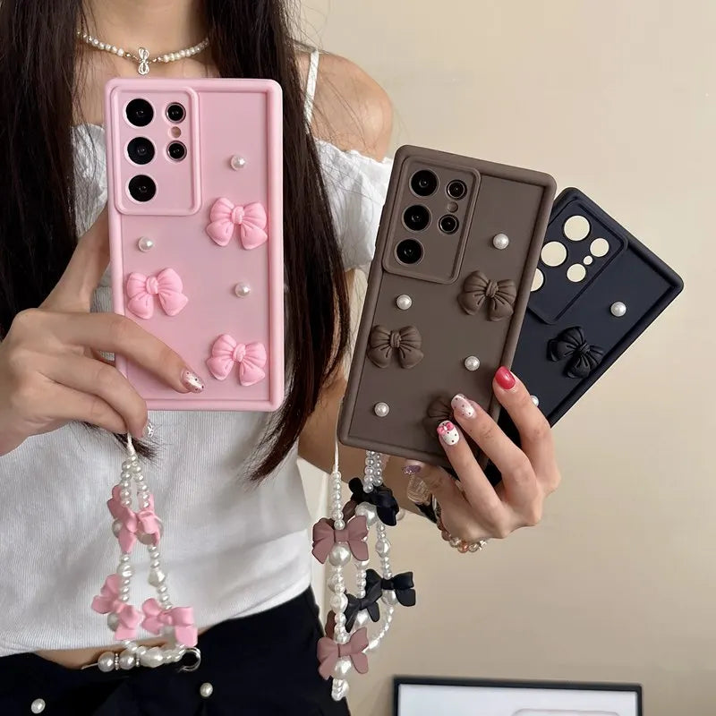 Bow Pearl Chain Rope Phone Case For OPPO A5X A5 Pro A60 4G 5G Reno 14 Pro 14F 8T 8Z 7Z 6Z 5Z 4Z 2Z Realme 14T 14 C71 Rope Cover