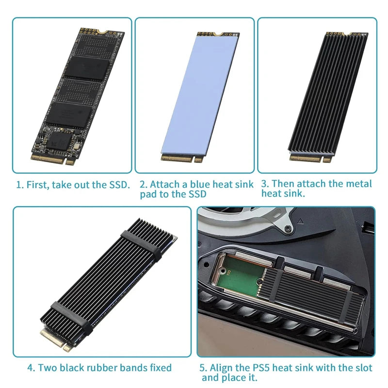 M.2 Heatsink Heatsink with Thermal Silicone Pads 2280 SSD Heatsink with 2 Black Rubber Straps For PC/PS5 M.2 SATA SSD