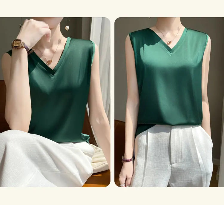 V-Neck Silk Vest Women's Summer Short Sleeved Top Acetate Satin Sleeveless Summer Shirt T-Shirt Loose Suspender Base YTM A39