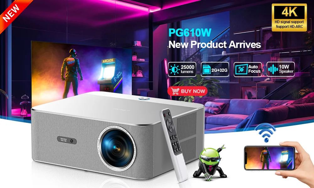 PROGAGA PG310 Mini Portable Projector 4K 1080P 720P Android 300Ansi BT5.4 Projetor PG310 Smart Home Theater Outdoor Video Beamer