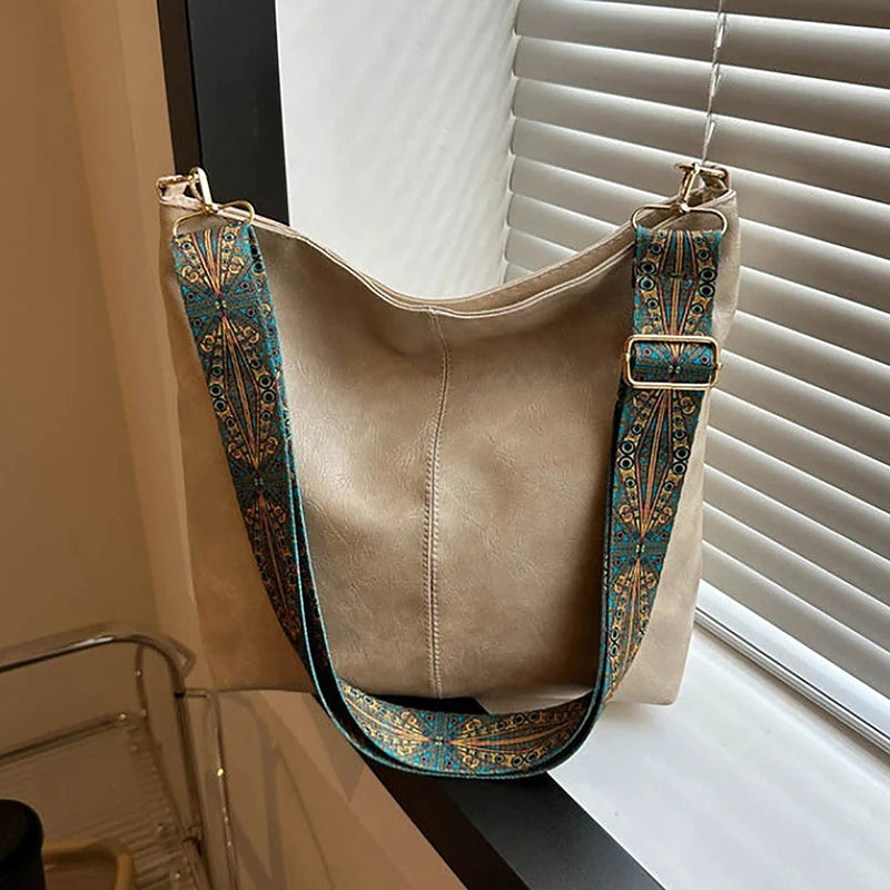 Vintage Solid Color Women Fashion Shoulder Sling Bag High-Capacity Simple Wide Strap Bucket Crossbody Bag