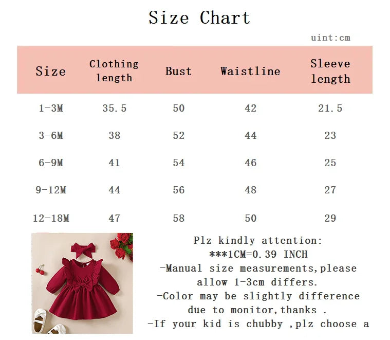 Baby Girl Autumn Dress Ruffled Edges and Bow, Long-Sleeved Dress+Headband for 0-18 Months Cute Baby Girl Holiday Party Costume