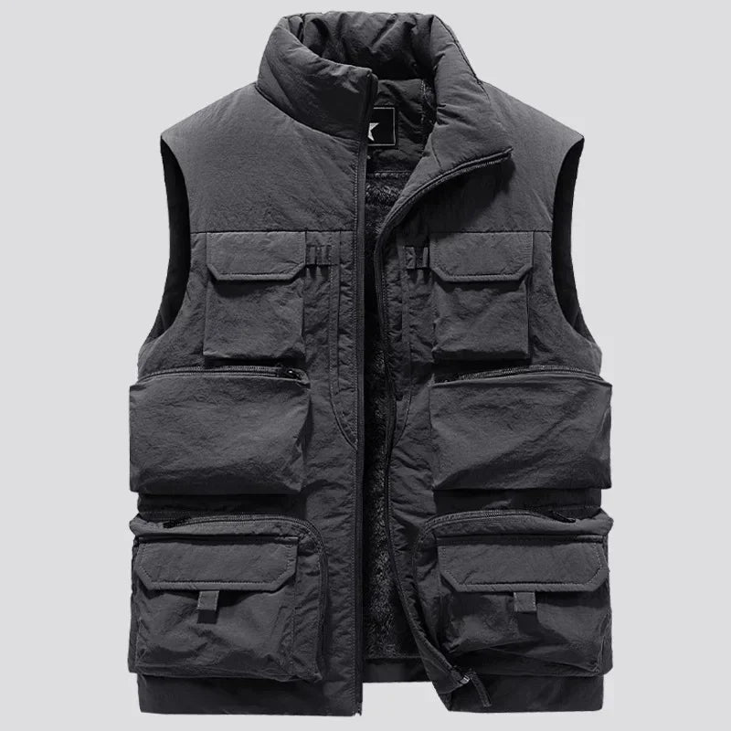Men's New Keep Warm Fleece Work Sleeveless Jacket Slim Fit Windbreaker Fashion Many Pocket Jacket Men Winter Sleeveless Jackets