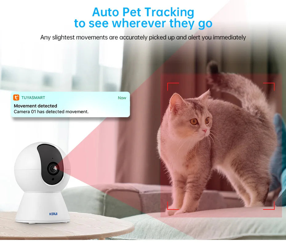 KERUI WiFi IP Pets Camera Home Security Dog Cats Camera Tuya Smart 4K 8MP HD Video Night Vision Surveillance AI Alerts Mini Cam