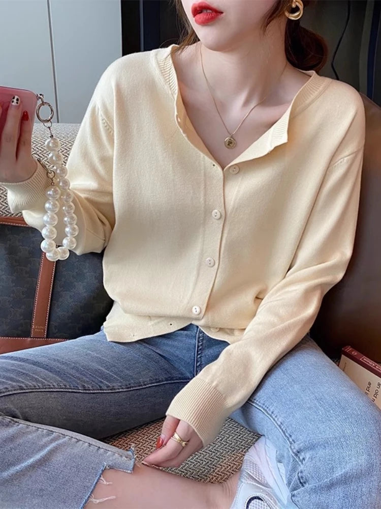 2026 Women Cardigans Sweater Casual Warm Spring Summer O-neck Long Sleeve Single Breasted Slim Fashion Korean Knitwears Tops