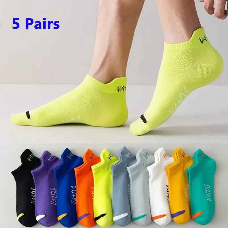 5 Pairs Men Bright Colored Ankle Socks Breathability Fashionable Casual Street Style Deodorizing Invisible Travel Running Socks