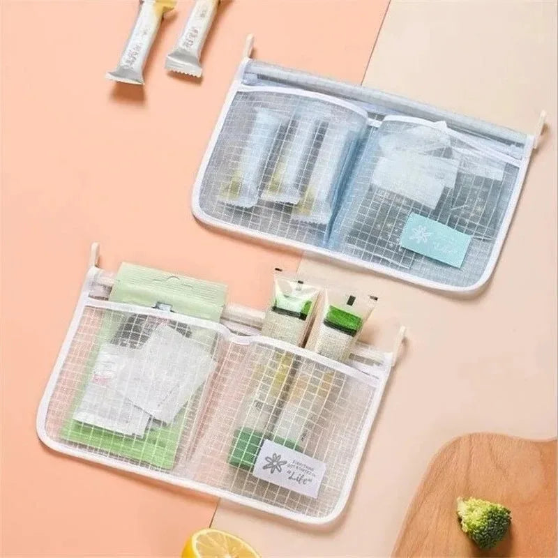 1PC Refrigerator Hanging Mesh Bag Double Compartment Storage Bag Fridge Side Door Organizer for Sauce Packet Kitchen Storage
