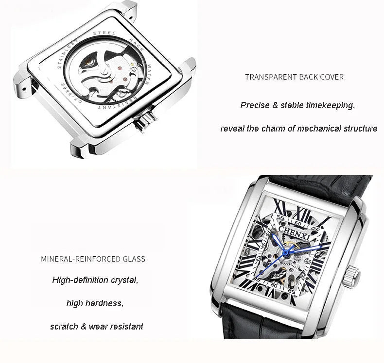Square Skeleton Mechanical Watches for Man Luxury Business Casual Man Automatic Watch Leather Strap Gift Hand Clock for Men