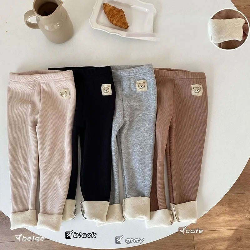 Autumn Girl's Leggings Fleece Lined Kid's Trousers Cartoon Bear Elastic Skinny Warm Pants for Girls