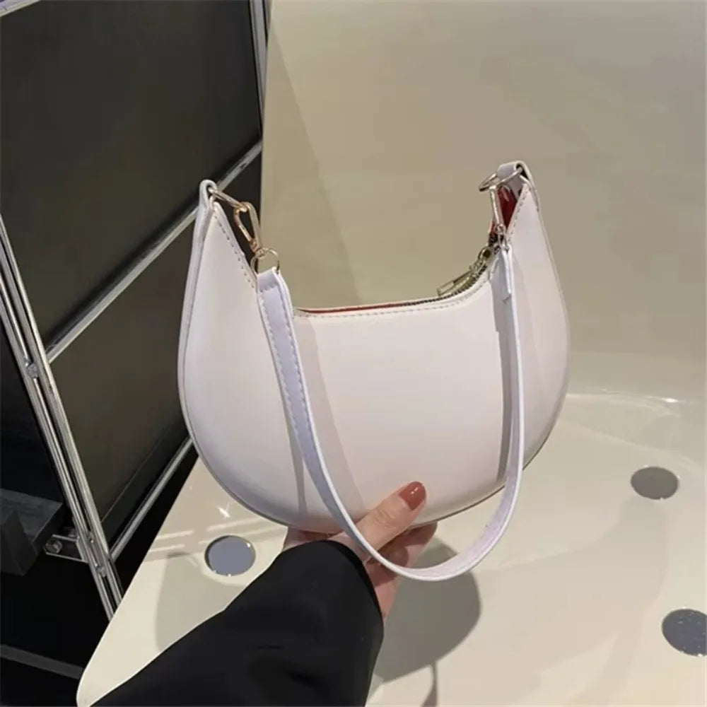 Casual PU Leather Shoulder Bag Moon-shaped Large Capacity Underarm Bag Solid Color Tote Handbag Women's Handbags