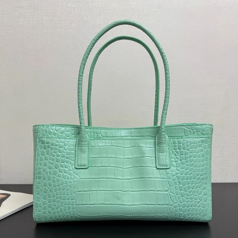 Luxury Crocodile Print Vintage Green Handbag, Large Capacity Magnetic Buckle Clutch, Casual Elegant Commuter Purse For Women Bag