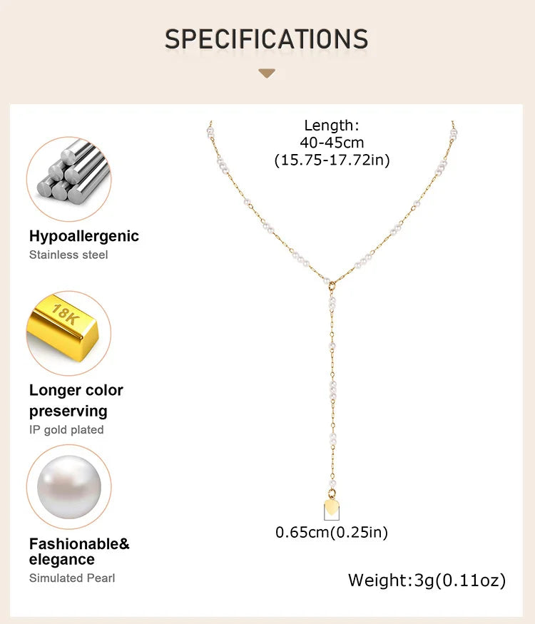 Women Pearl Long Necklace, Y Shape Pearl Drop Lariat Necklace, Waterproof Gold Plated Valentine's Day Gift