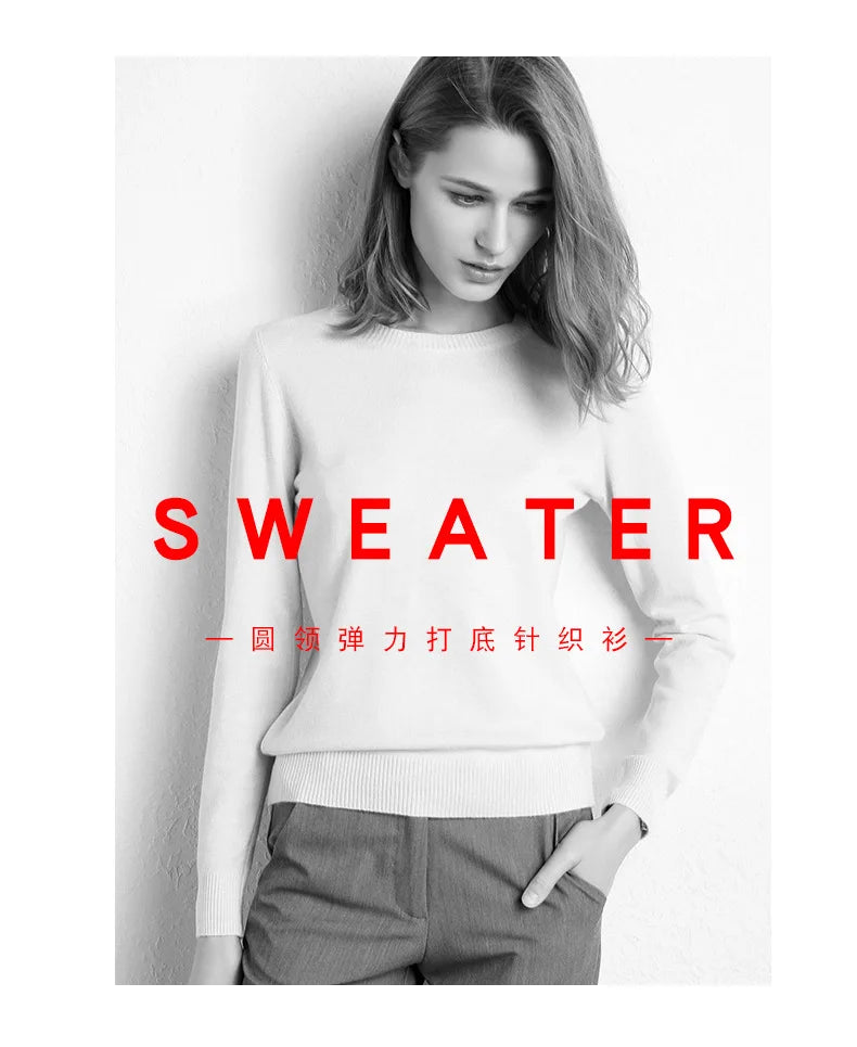Women Slim O-Neck Solid Pullover Cashmere Wool Blending Sweater Autumn And Winter Long-Sleeved Knit Bottoming Shirt Large Size