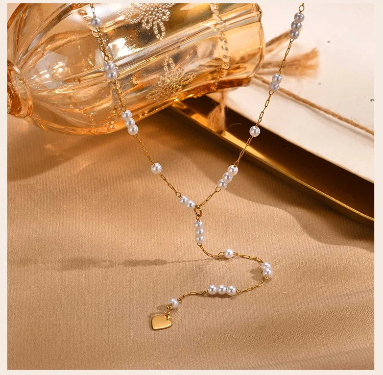 Women Pearl Long Necklace, Y Shape Pearl Drop Lariat Necklace, Waterproof Gold Plated Valentine's Day Gift
