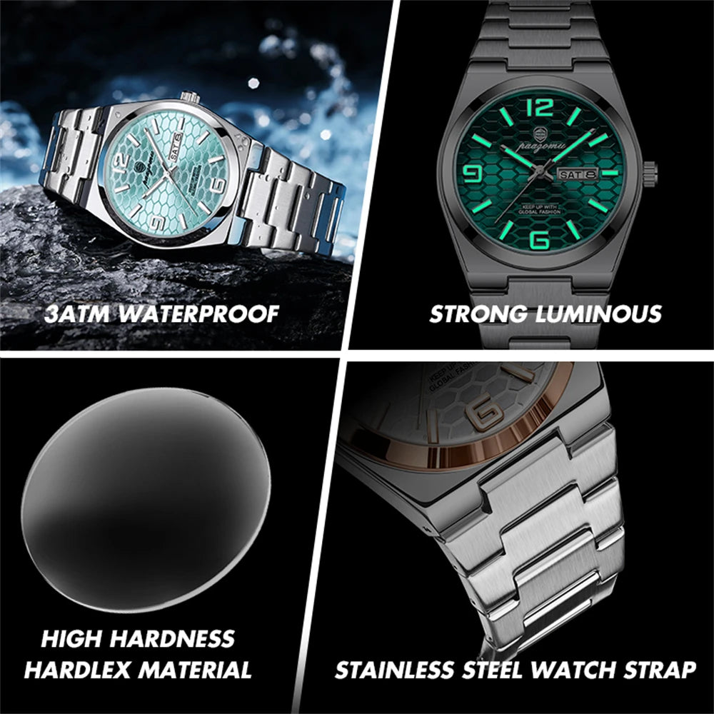 PAAZOMU Luxury Brand Man Watch Waterproof Luminous Date Week Men's Quartz Wristwatch Stainless Steel Fashion Sports Men Watches
