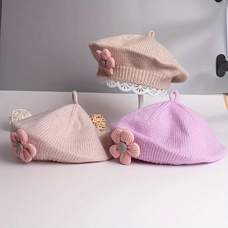 Flower Baby Beret Hat Winter Warm Knitted Beanie Cap for Infant Girls Korean Toddler Princess Artist Solid Color Painter Caps