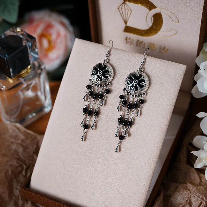 Vintage Ethnic Style Metal Tassel Water Drop Earrings for Women Round Drop Glaze Crystal Beads Handmade Earring Female Jewelry