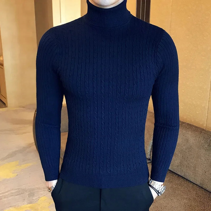 New Men's Pullover Knitted Slim Fit Sweaters Casual Turtleneck Sweashirts Casual Warm Tops Basic Solid Color Loose Sweatwear