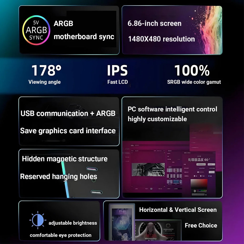 6.86-Inch Smart Secondary Screen, Customizable High-Definition Dynamic Theme Display, Small Expandable Display Side Screen
