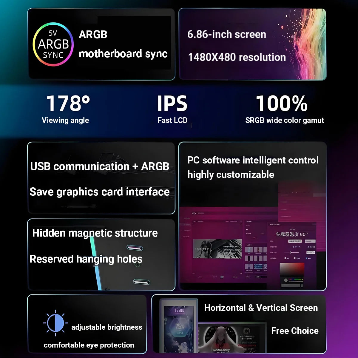 6.86-Inch Smart Secondary Screen, Customizable High-Definition Dynamic Theme Display, Small Expandable Display Side Screen