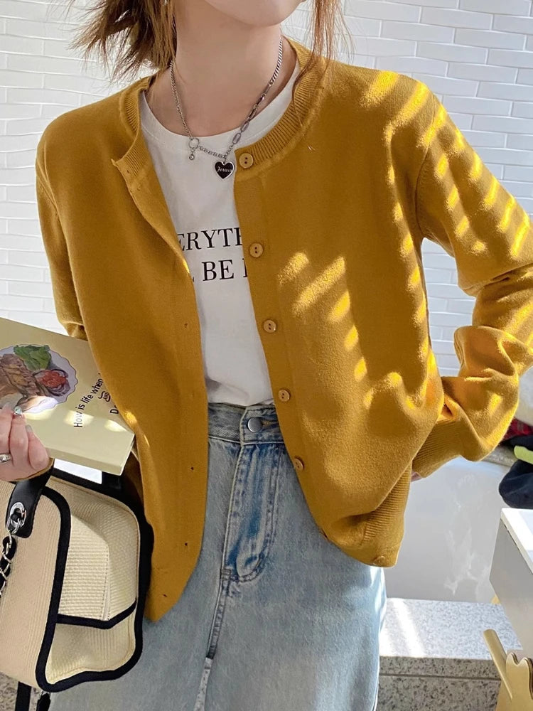 2026 Women Cardigans Sweater Casual Warm Spring Summer O-neck Long Sleeve Single Breasted Slim Fashion Korean Knitwears Tops