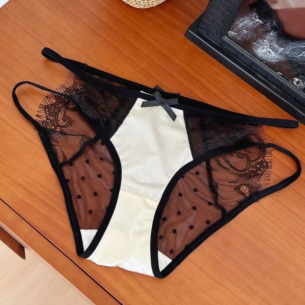 Cute Low Waist Underwear for Women Bow Transparent Sweet Lace Panties Hollow Mesh Satin Silk Briefs Female