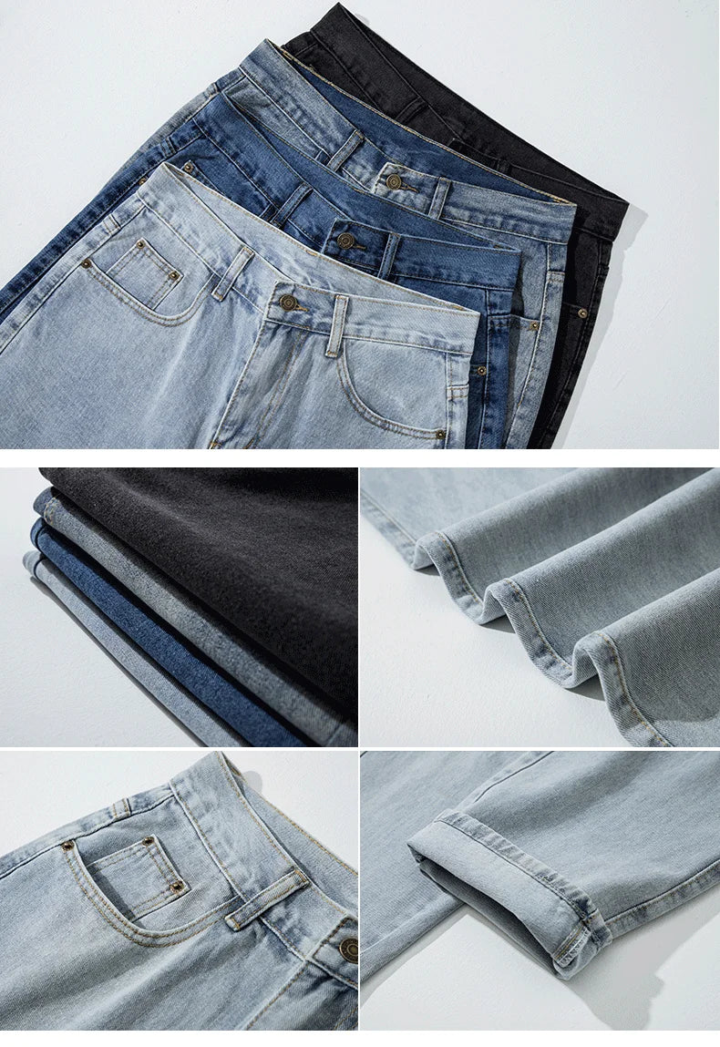 New Street Casual Baggy Jeans Men's Korean Fashion Hip Hop Straight Wide Leg  Trousers Couple Denim Pants Black Light Blue