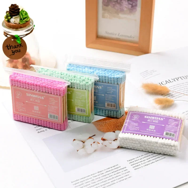 100Pcs Color Mix Double Head Bamboo Cotton Buds Adults Makeup Cotton Swab Eco Friendly Wood Sticks Nose Ears Cleaning Tools