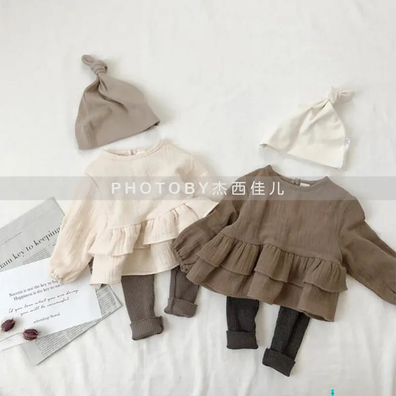 Children's Korean Version Spring and Autumn New T-shirt, Girls' Lotus Leaf Lace Drawstring Long Sleeved Cotton Yarn Top