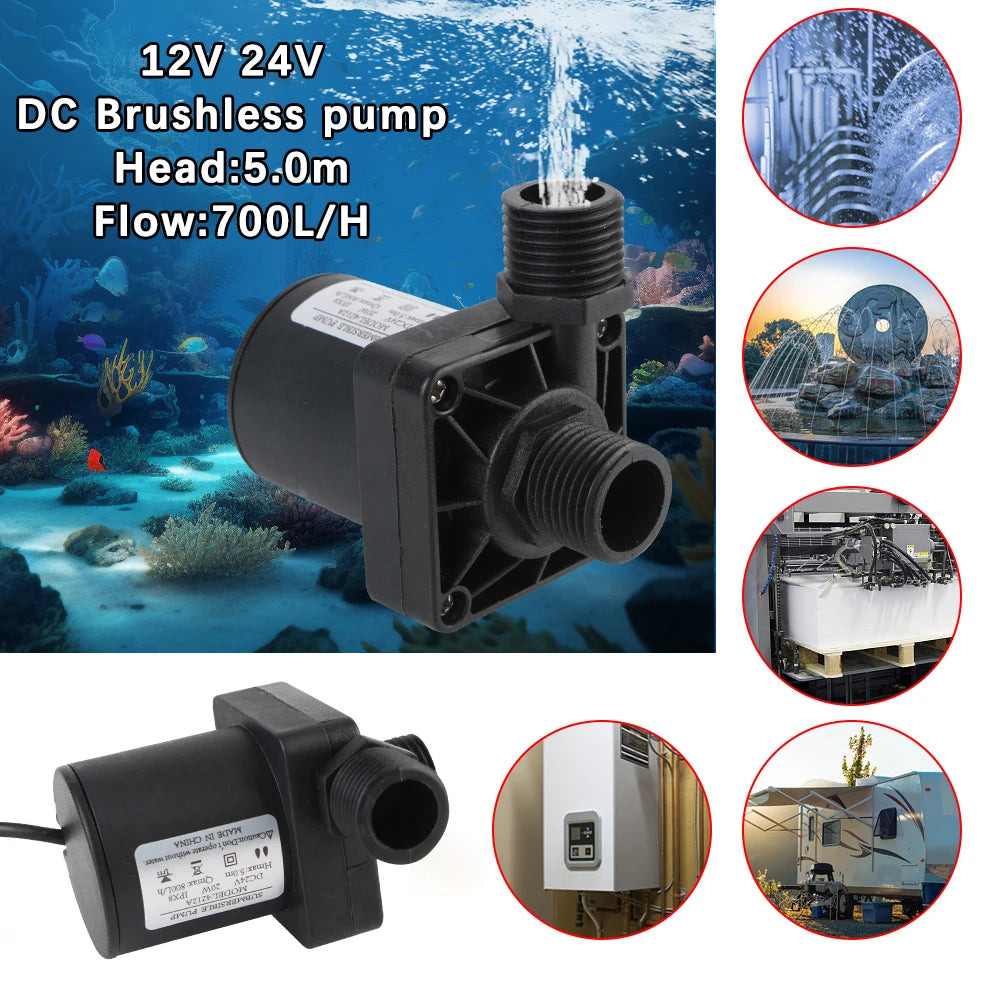Silent 4 Points Threaded Water Heater Shower Floor Heating Booster Pump Brushless Solar Motor Water Pump DC 12V 24V IP68 US Plug