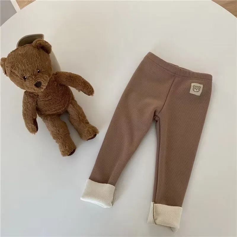 Autumn Girl's Leggings Fleece Lined Kid's Trousers Cartoon Bear Elastic Skinny Warm Pants for Girls