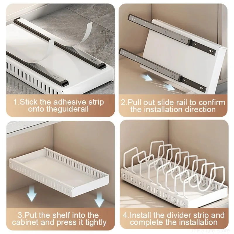 Pull‑out Sliding Kitchen Storage Rack Multifunctional Drawer Organizer for Pan Lids Spices Bowls Plates Cookware Storage