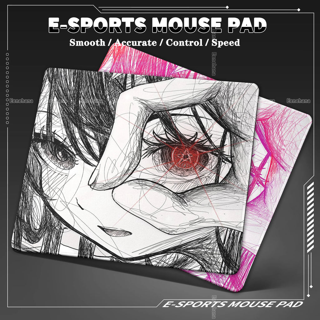 Red Eye Girl Art Black & White Line Gaming Mouse Pad Speed E-Sports Waterproof Kawaii 45x40 PC Gamer Accessories Office DeskMat