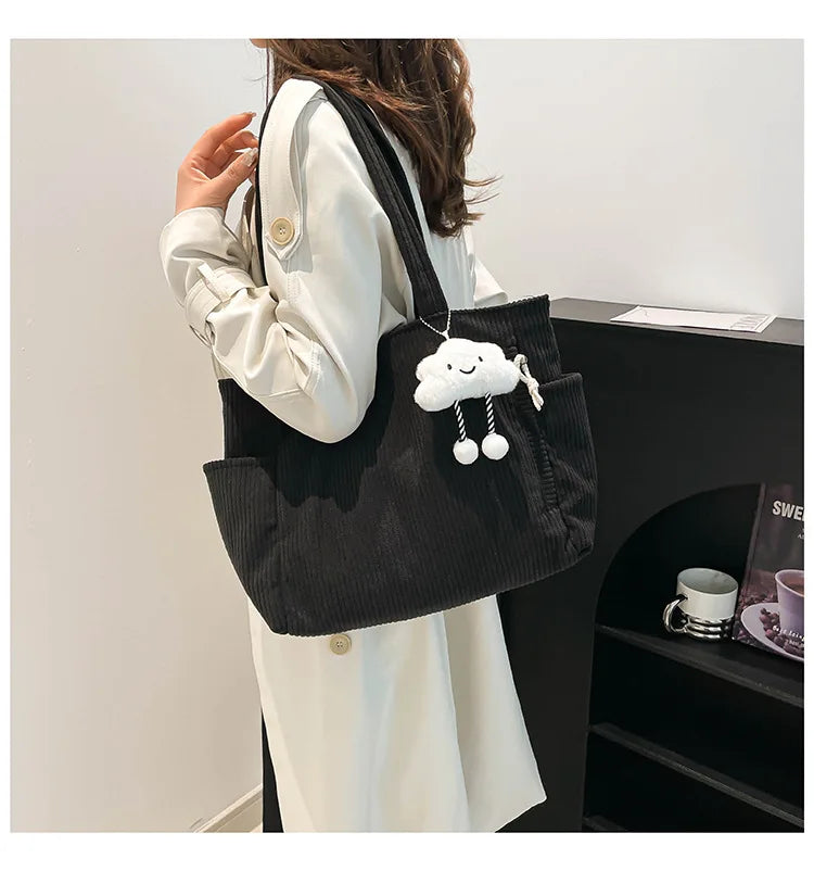 Corduroy Women Bag Fashionable Large Capacity Handbag Shoulder Bag Versatile Artistic Retro Student Class Bag with Zipper Pocket